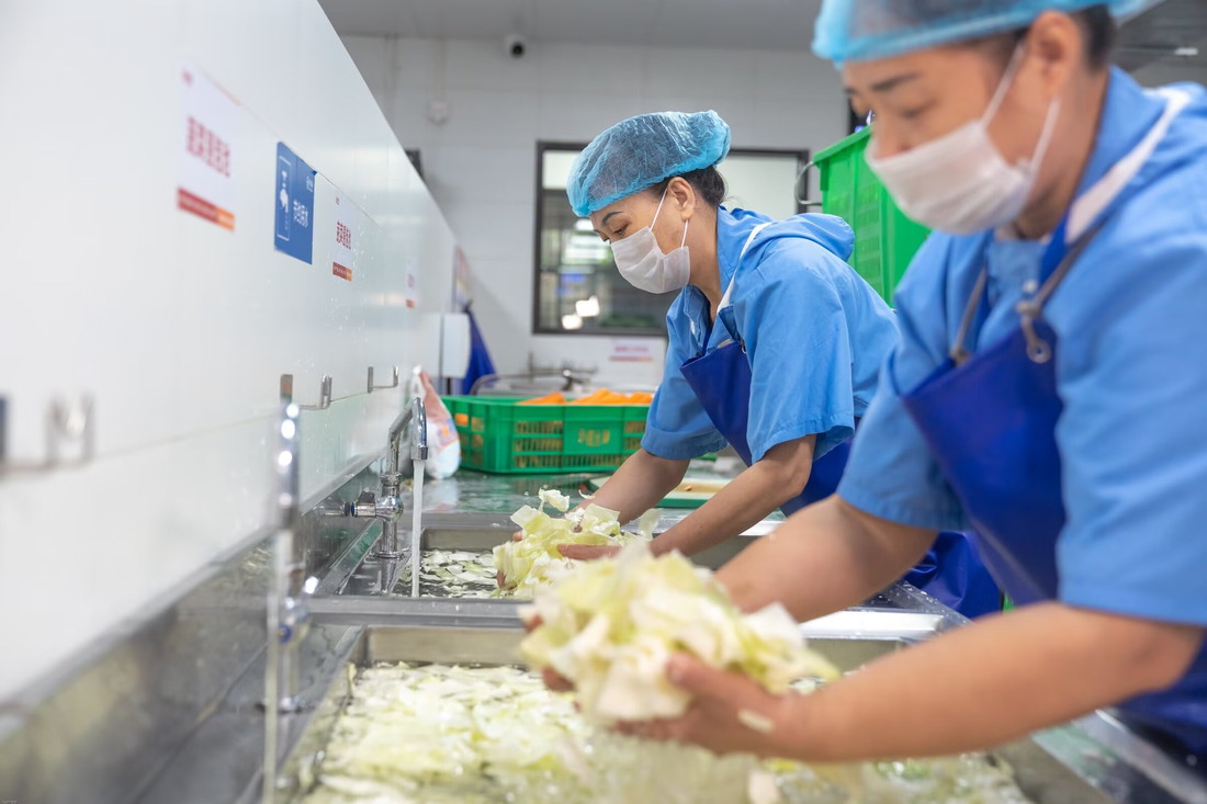 蔬菜清洗区,工作人员在清洗池中清洗包菜