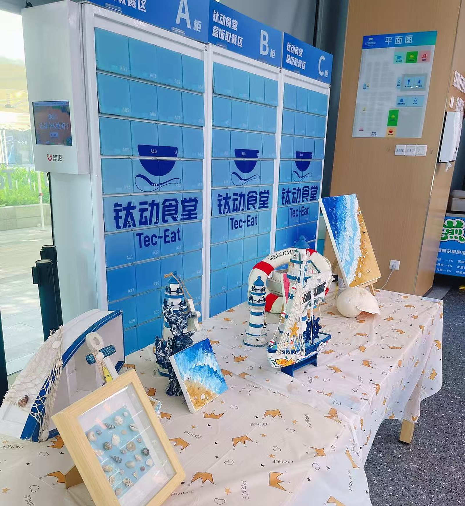 海洋主题手工展台:船模、灯塔、贝壳画与海星标本